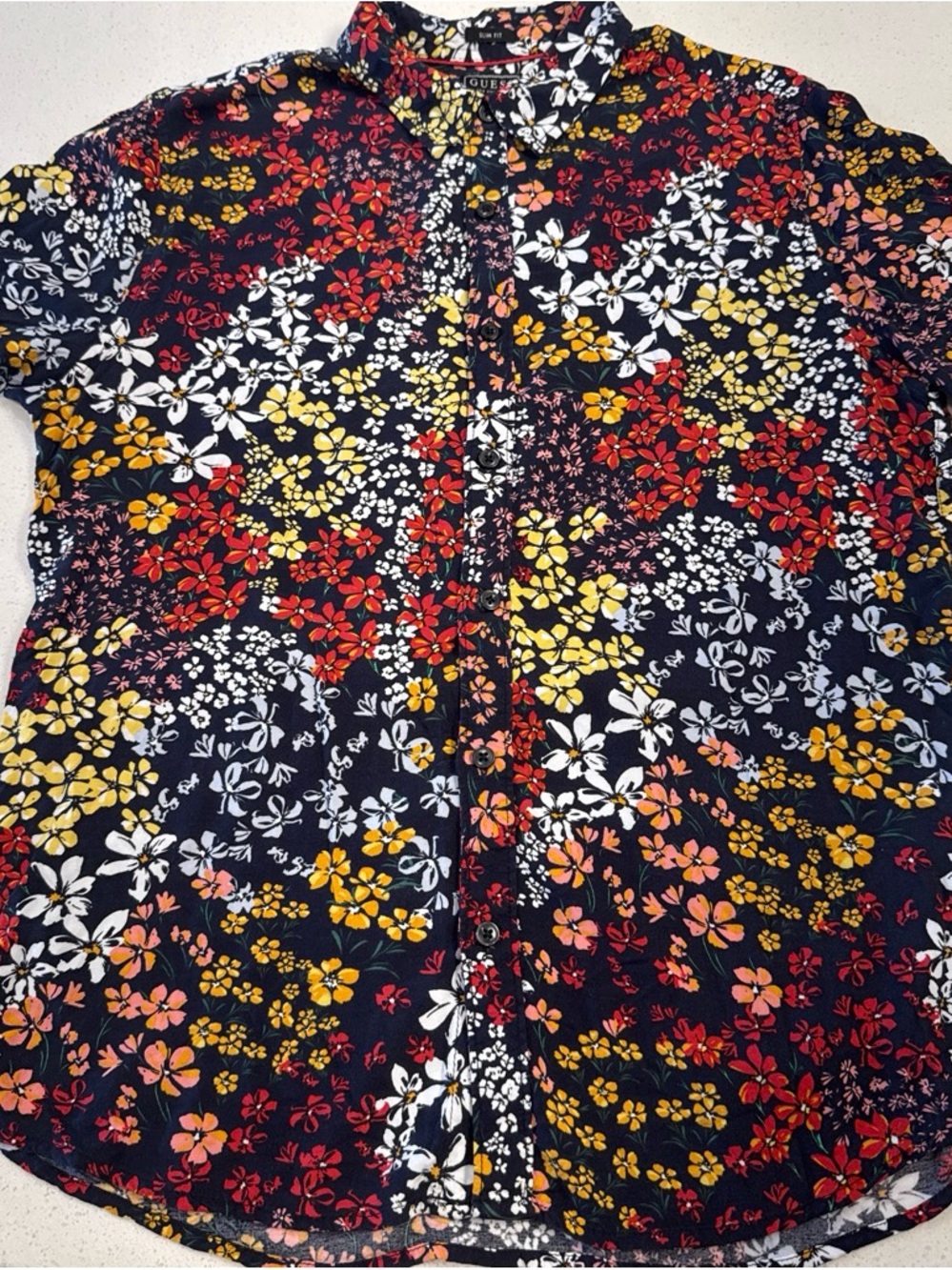 Guess Navy Floral Button-Up Shirt with Red, Yellow & White Blooms